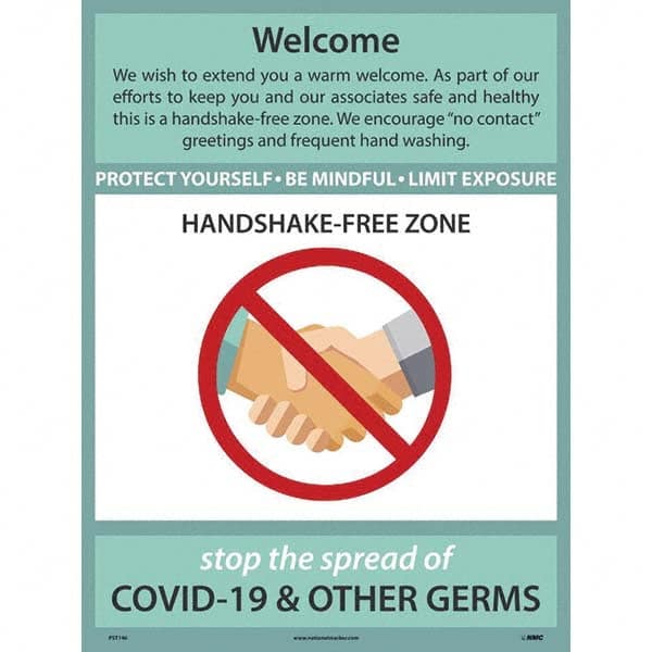 NMC - "COVID 19 - Welcome - Handshake Free Zone", 18" Wide x 24" High, Paper Safety Sign - Americas Industrial Supply