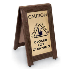 Cone & A Frame Floor Signs; Shape: A-Frame; Sign Type: Restroom, Janitorial & Housekeeping; Type: Restroom, Janitorial & Housekeeping; Message/Graphic: Message & Graphic; Header: Caution; Legend: Closed for cleaning; Viewing Points: Two-View; Language: En