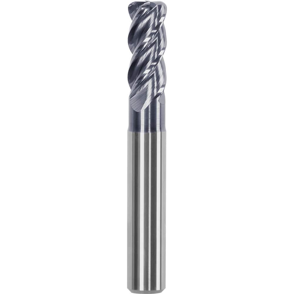 Corner Radius End Mill: 0.7087″ Dia, 1.2598″ LOC, 0.02″ Radius, 4 Flutes, Solid Carbide 3.66″ OAL, 0.7087″ Shank Dia, Helix, AlTiN Coated, Centercutting