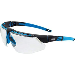 Uvex - Clear Lenses, Framed Safety Glasses - Anti-Fog, Blue Frame, Adjustable Temples, Size Universal, Wrap Around - Americas Industrial Supply