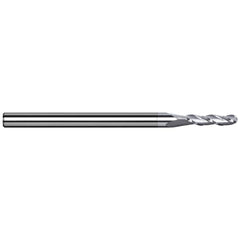 Ball End Mill: 0.04″ Dia, 0.12″ LOC, 3 Flute, Solid Carbide 1-1/2″ OAL, 1/8″ Shank Dia, 42 ° Helix, TiB2 Coated, Single End