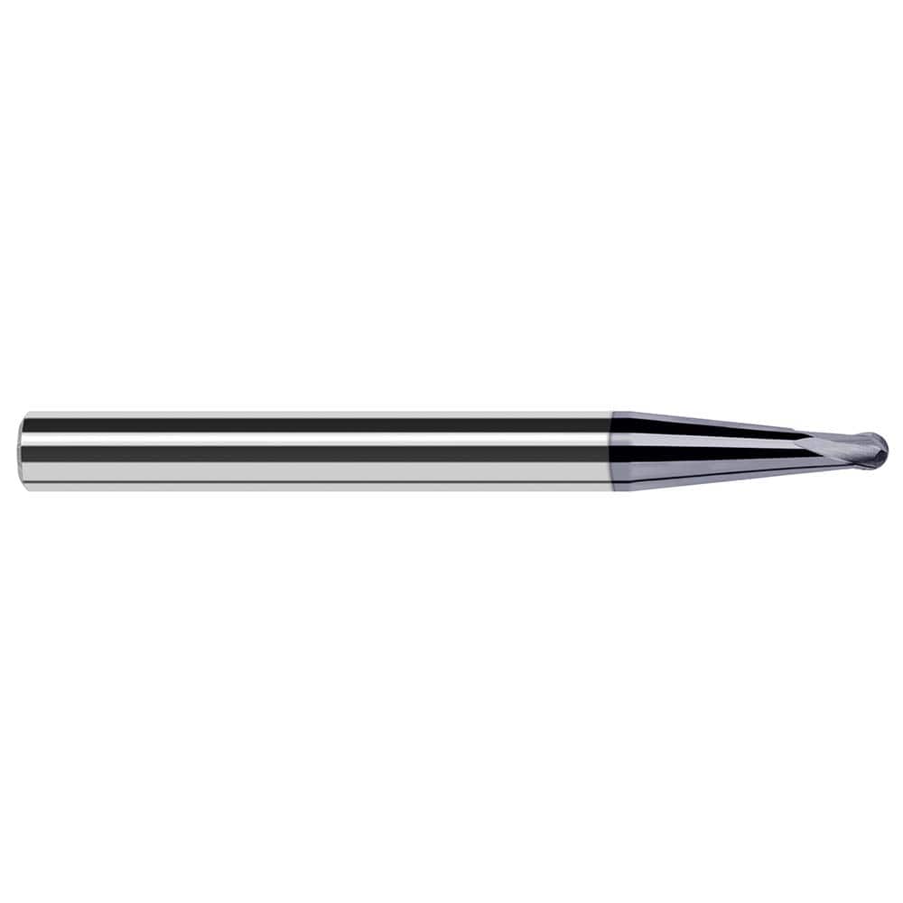 Ball End Mill: 0.078″ Dia, 0.062″ LOC, 2 Flute, Solid Carbide 2-1/2″ OAL, 1/4″ Shank Dia, 35 ° Helix, AlTiN Coated, Single End