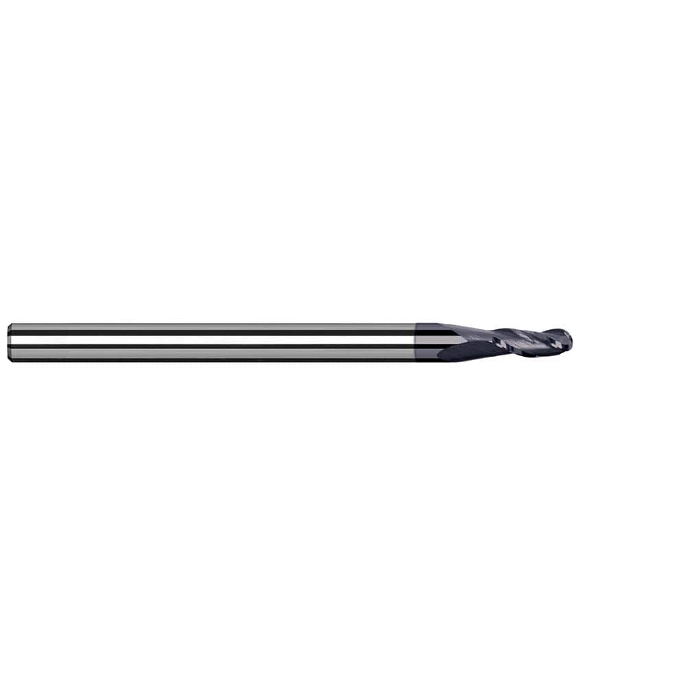 Ball End Mill: 0.0394″ Dia, 0.0315″ LOC, 3 Flute, Solid Carbide 50 mm OAL, 4 mm Shank Dia, 34 ° Helix, AlTiN Coated, Single End