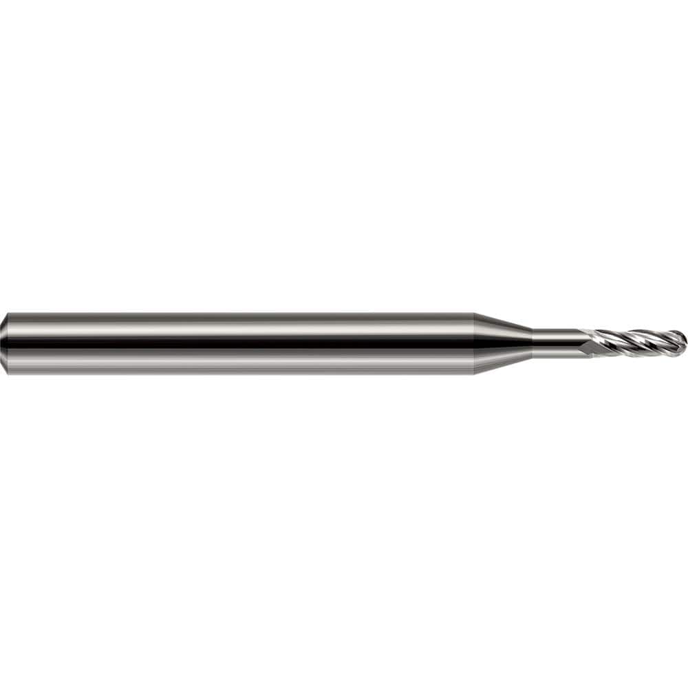 Ball End Mill: 0.047″ Dia, 0.141″ LOC, 4 Flute, Solid Carbide 1-1/2″ OAL, 1/8″ Shank Dia, 30 ° Helix, Uncoated, Single End