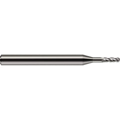 Ball End Mill: 0.06″ Dia, 0.18″ LOC, 4 Flute, Solid Carbide 1-1/2″ OAL, 1/8″ Shank Dia, 30 ° Helix, Uncoated, Single End