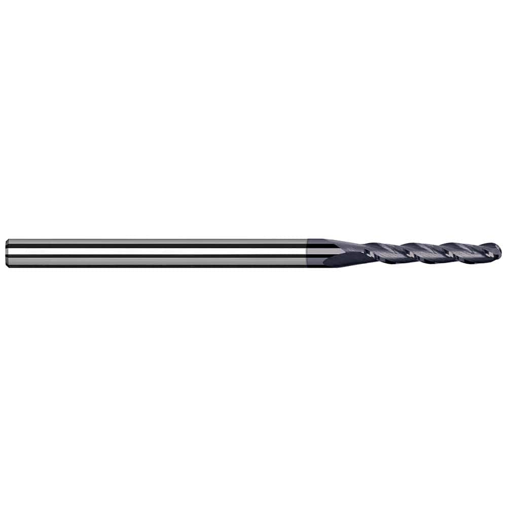 Ball End Mill: 0.25″ Dia, 1″ LOC, 4 Flute, Solid Carbide 4″ OAL, 1/4″ Shank Dia, 34 ° Helix, AlTiN Nano Coated, Single End