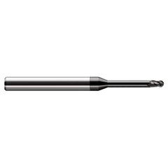 Ball End Mill: 0.1″ Dia, 0.15″ LOC, 3 Flute, Solid Carbide 2-1/2″ OAL, 1/8″ Shank Dia, 30 ° Helix, Amorphous Diamond Coated, Single End