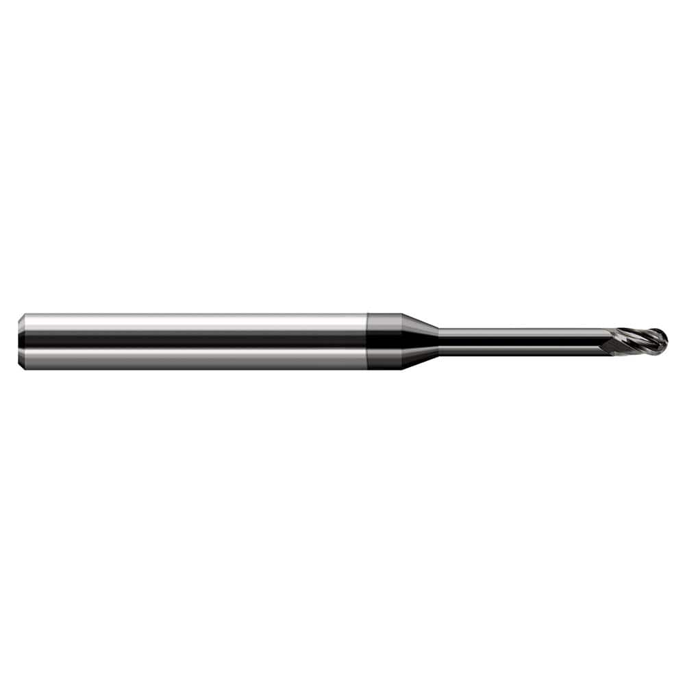 Ball End Mill: 0.03″ Dia, 0.045″ LOC, 3 Flute, Solid Carbide 2-1/2″ OAL, 1/8″ Shank Dia, 30 ° Helix, Amorphous Diamond Coated, Single End
