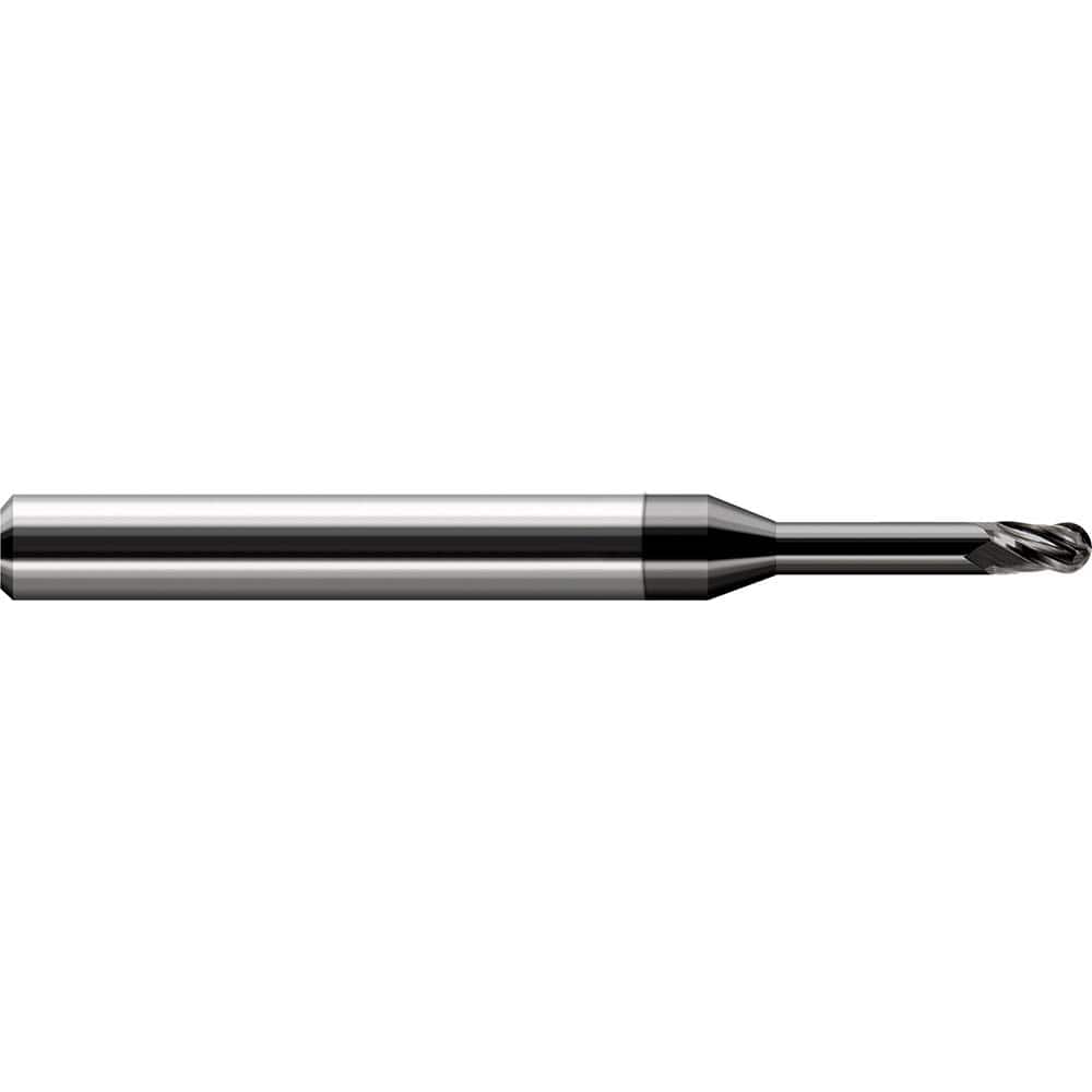 Ball End Mill: 0.031″ Dia, 0.047″ LOC, 3 Flute, Solid Carbide 2-1/2″ OAL, 1/8″ Shank Dia, 30 ° Helix, Amorphous Diamond Coated, Single End