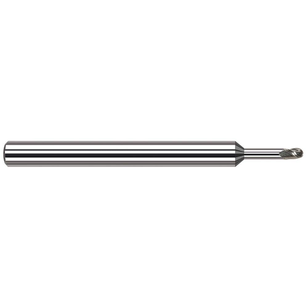 Ball End Mill: 0.1181″ Dia, 0.1772″ LOC, 3 Flute, Solid Carbide 50 mm OAL, 4 mm Shank Dia, 42 ° Helix, Uncoated, Single End