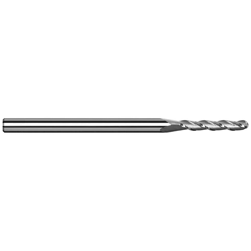 Ball End Mill: 0.02″ Dia, 0.1″ LOC, 3 Flute, Solid Carbide 2-1/2″ OAL, 1/8″ Shank Dia, 42 ° Helix, Uncoated