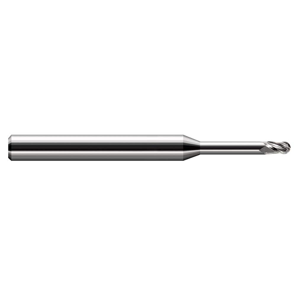 Ball End Mill: 0.06″ Dia, 0.09″ LOC, 3 Flute, Solid Carbide 2-1/2″ OAL, 1/8″ Shank Dia, 30 ° Helix, Uncoated, Single End
