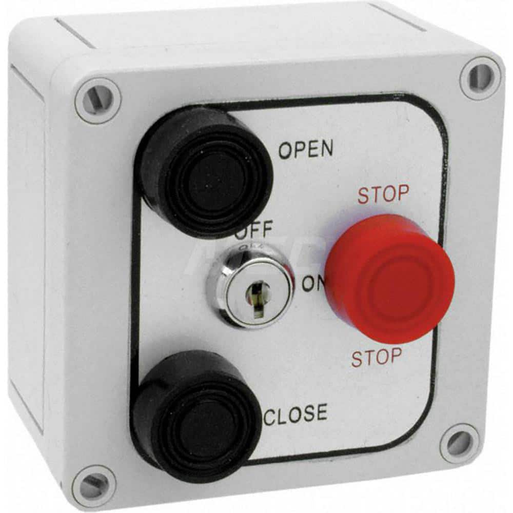 Garage Door Hardware; Type: Control Station, Nema 4X, Surface Mount W/Lockout; For Use With: Commercial Doors; Commercial Gate Openers; Material: Plastic; Metal; Overall Length: 2.50; Overall Width: 4; Overall Height: 4.25; Number of Buttons: 3; Includes: