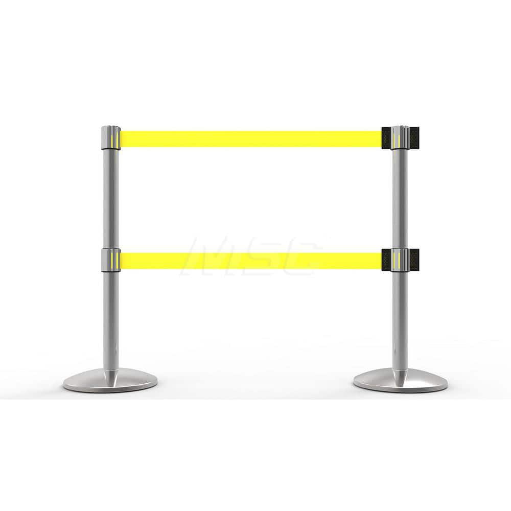 Free Standing Retractable Belt Barrier Post: 40″ High, 2.4″ Dia, Aluminum Post Cast Iron, Black & Yellow