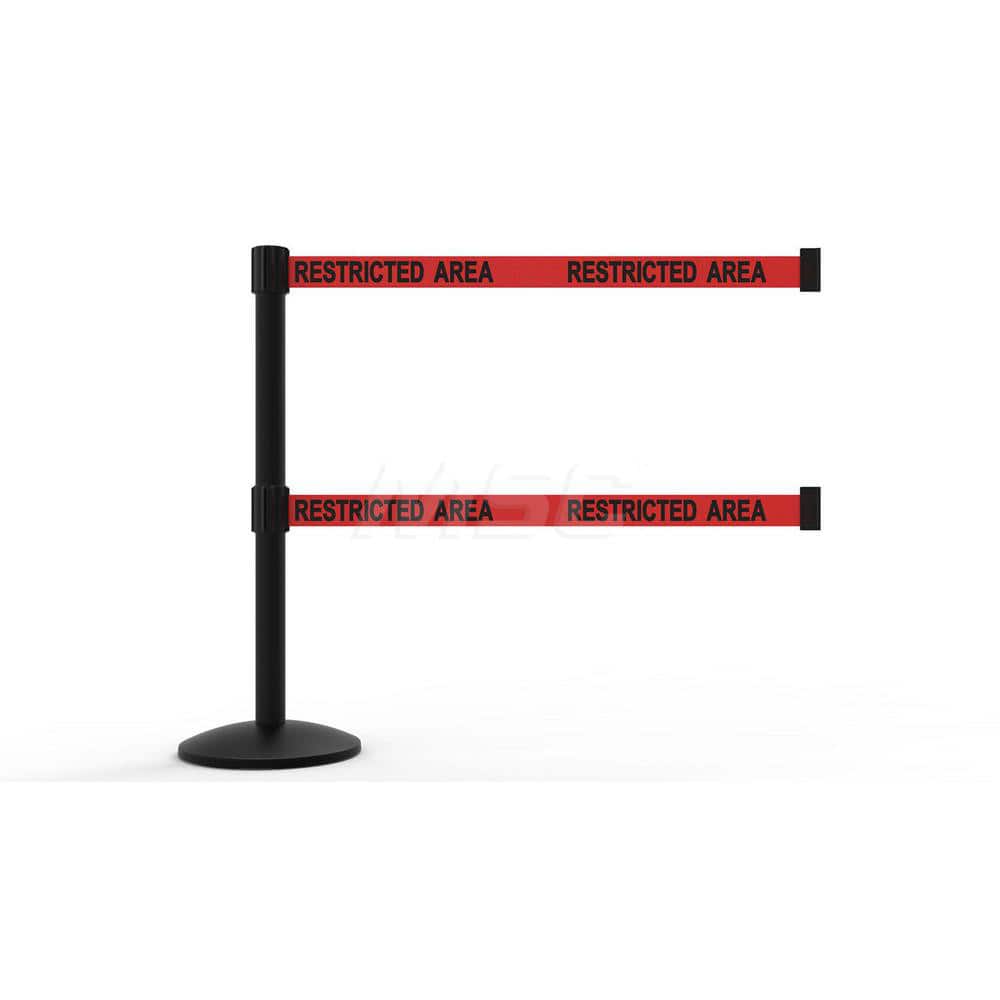 Free Standing Retractable Belt Barrier Post: 40″ High, 2.4″ Dia, Aluminum Post Cast Iron, Black & Red