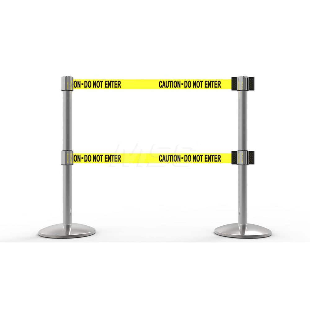 Free Standing Retractable Belt Barrier Post: 40″ High, 2.4″ Dia, Aluminum Post Cast Iron, Black & Yellow