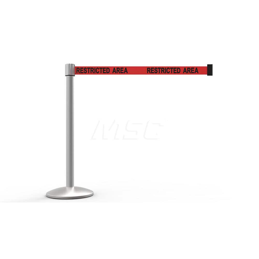 Free Standing Retractable Belt Barrier Post: 40″ High, 2.4″ Dia, Aluminum Post Cast Iron, Red & Silver