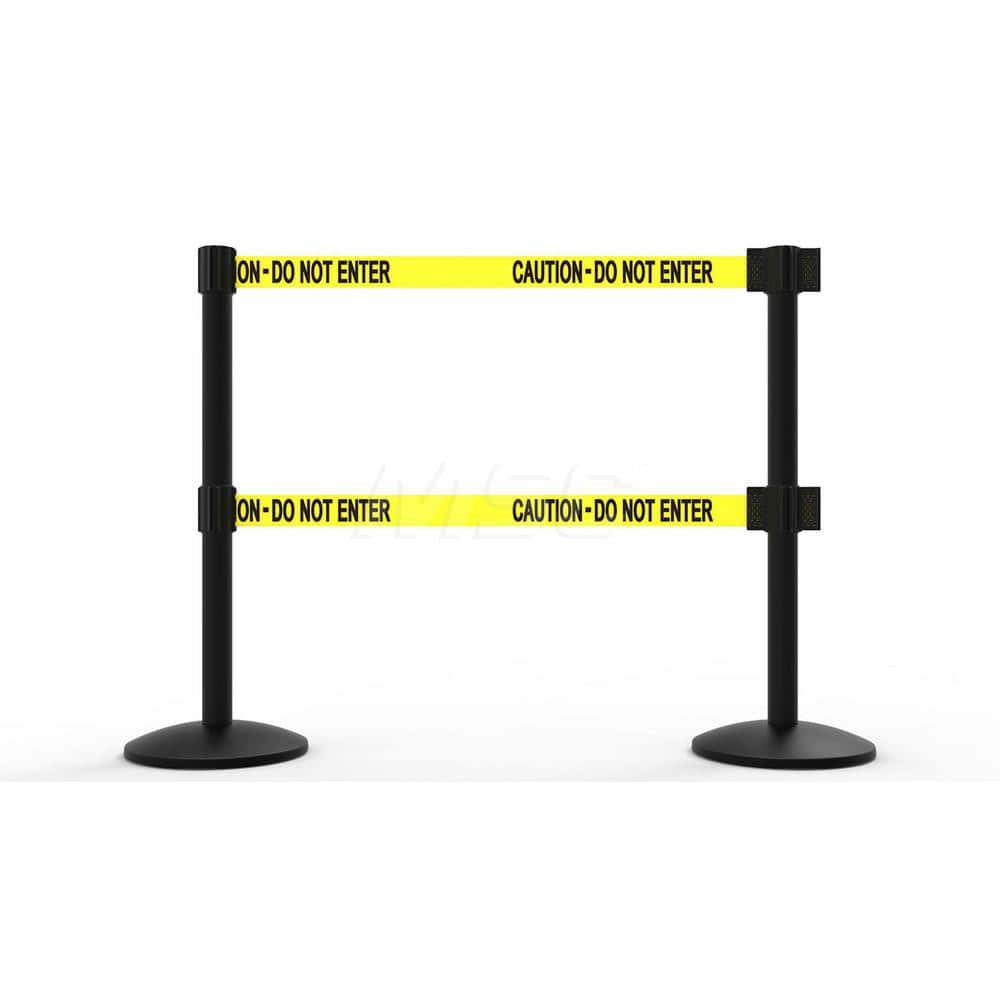 Free Standing Retractable Belt Barrier Post: 40″ High, 2.4″ Dia, Aluminum Post Cast Iron, Black & Yellow