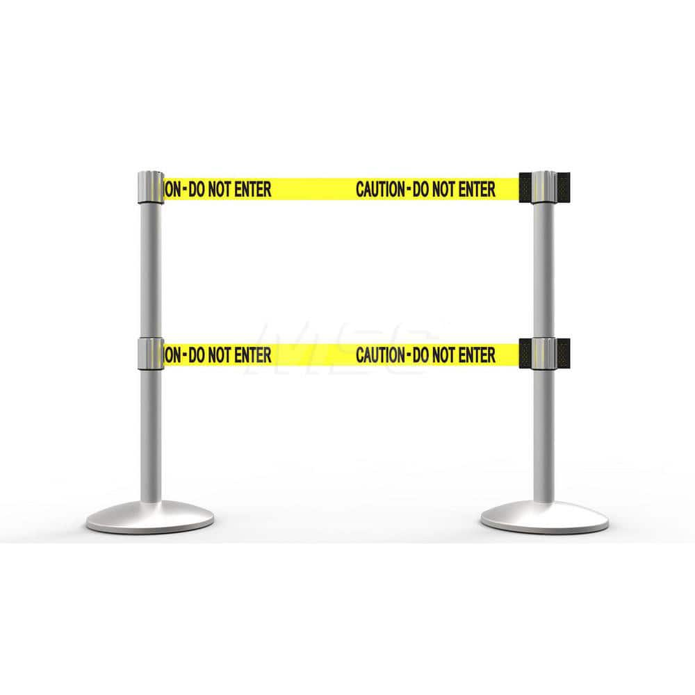 Free Standing Retractable Belt Barrier Post: 40″ High, 2.4″ Dia, Aluminum Post Cast Iron, Silver & Yellow