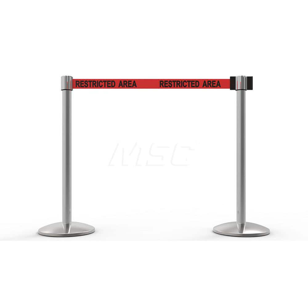 Free Standing Retractable Belt Barrier Post: 40″ High, 2.4″ Dia, Aluminum Post Cast Iron, Red & Silver