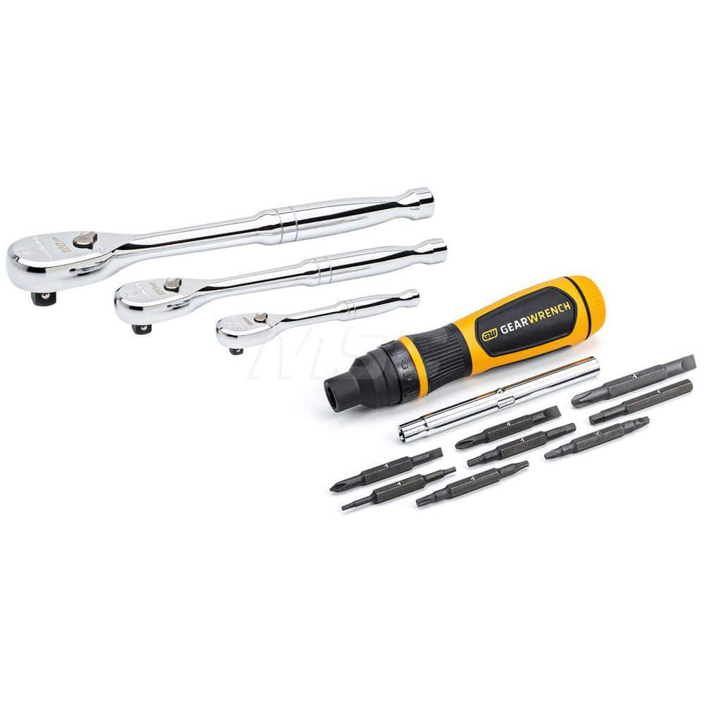 Ratchet Set: 1/4, 3/8 & 1/2″ Drive, Pear Head 90 Gear Teeth, Polished Finish