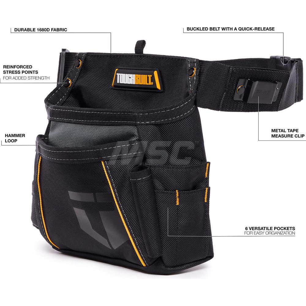 Tool Aprons & Tool Belts; Tool Type: Waist Apron; Minimum Waist Size: 32; Maximum Waist Size: 48; Material: Polyester; Number of Pockets: 5.000; Color: Yellow; Black; Belt Type: Padded; Adjustable; Overall Width: 11; Overall Length: 2.56; Insulated: No; T