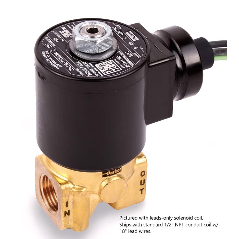 Parker - Solenoid Valves; Valve Type: 2-Way, 2 Position ; Port Size: 1/4 ; Maximum Working Pressure (psi): 85.000 ; Valve Unactuated State: Normally Closed ; Body Material: Brass ; Seal Material: NBR - Exact Industrial Supply