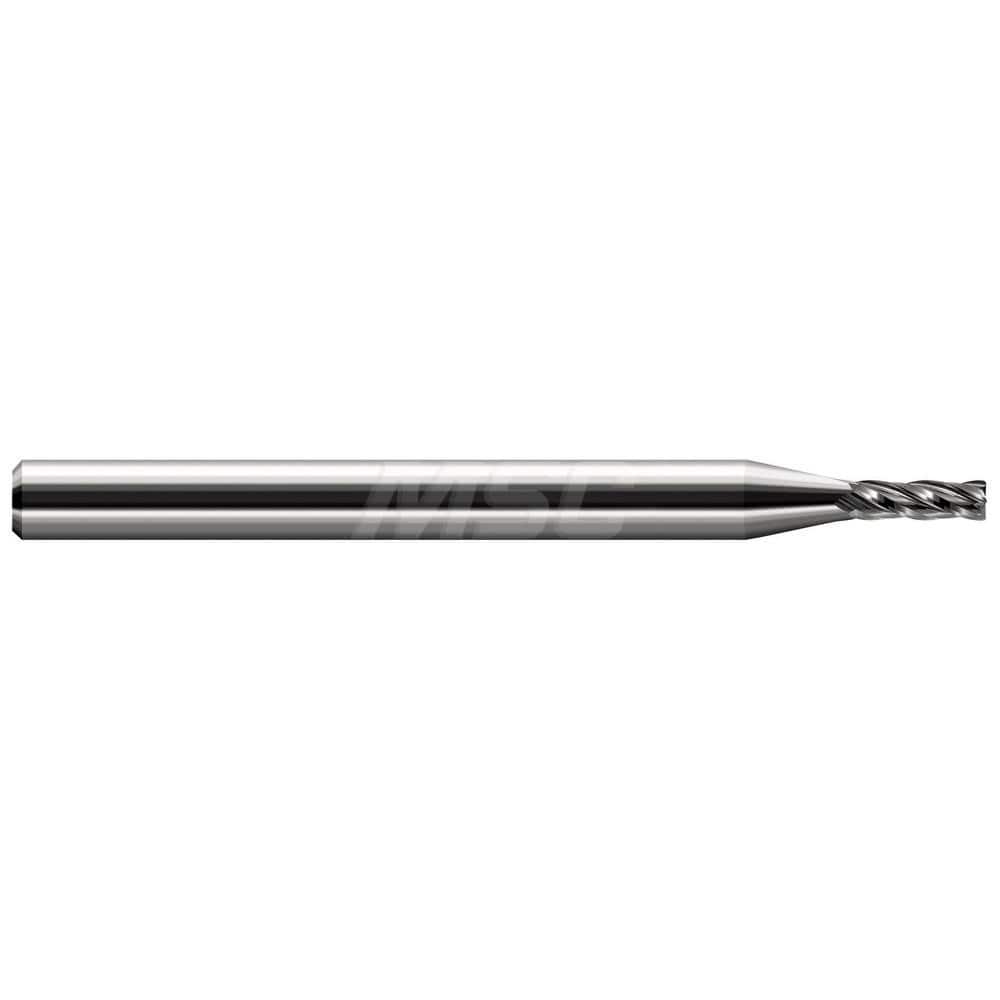 Corner Radius End Mill: 1/32″ Dia, 1/8″ LOC, 0.005″ Radius, 4 Flutes, Solid Carbide 2-1/2″ OAL, 1/8″ Shank Dia, 30 ° Helix, Bright/Uncoated, Corner Radius End, Centercutting
