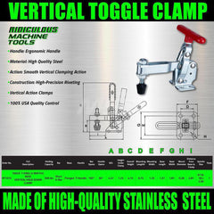 Manual Hold-Down Toggle Clamp: Vertical, 500 lb Capacity, U-Bar, Flanged Base 60 ° Handle Movement, 100 ° Bar Opening, Plastic