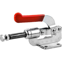 Standard Straight Line Action Clamp: 800 lb Load Capacity, 1.61″ Plunger Travel, Flanged Base 4 Mounting Hole, 0.34″ Hole, 0.61″ Plunger Dia, Contoured Plastic Softgrip & Straight Handle