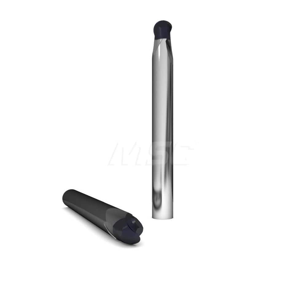 Ball End Mill: 0.0313″ Dia, 2 Flute, Solid Carbide 3″ OAL, 1/4″ Shank Dia, 30 ° Helix, nACo Coated, Single End, Series 1050 & DM2