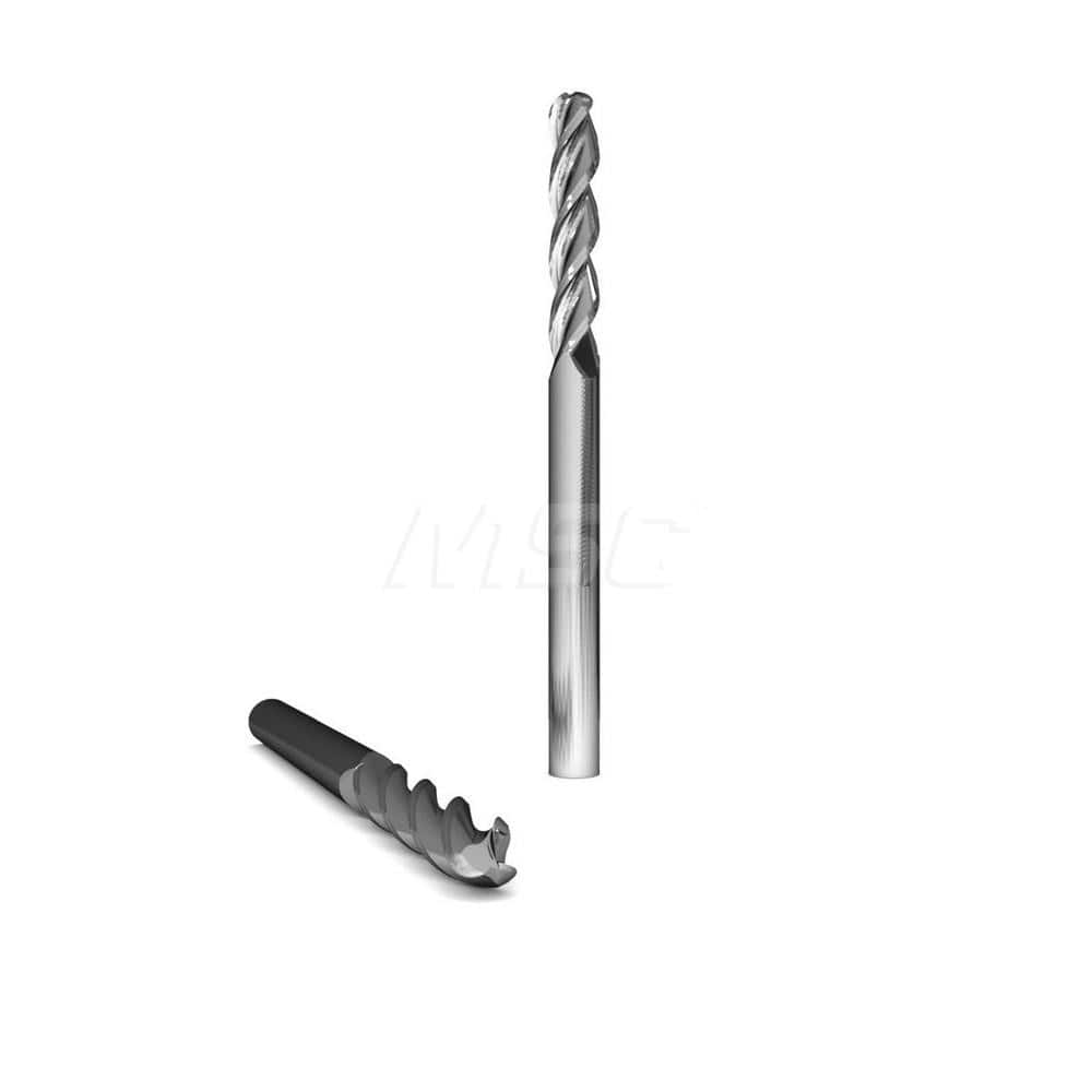 Ball End Mill: 0.4375″ Dia, 1″ LOC, 3 Flute, Solid Carbide 2-3/4″ OAL, 7/16″ Shank Dia, 37 ° Helix, Uncoated, Single End, Series 2045