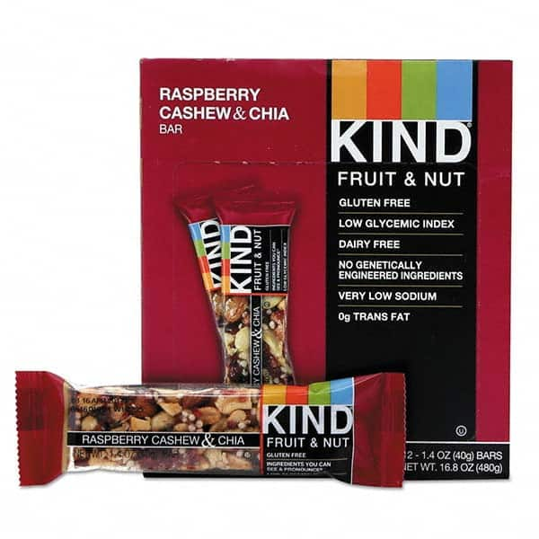 KIND - Snacks, Cookies, Candy & Gum Breakroom Accessory Type: Granola Bars Breakroom Accessory Description: Fruit and Nut Bars, Raspberry Cashew & Chia, 1.4 oz Bar, 12/Box - Americas Industrial Supply