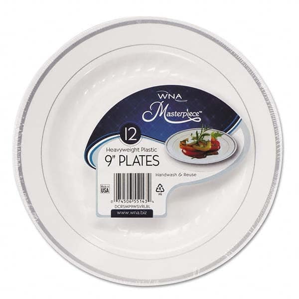 WNA - Masterpiece Plastic Plates, 9 in, White w/Silver Accents, Round, 120/Carton - Americas Industrial Supply