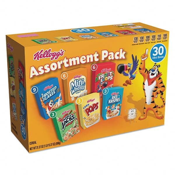 Kellogg's - Snacks, Cookies, Candy & Gum Breakroom Accessory Type: Cereal Breakroom Accessory Description: Breakfast Cereal Mini Boxes, Assorted, 2.39 oz Box, 30/Carton - Americas Industrial Supply