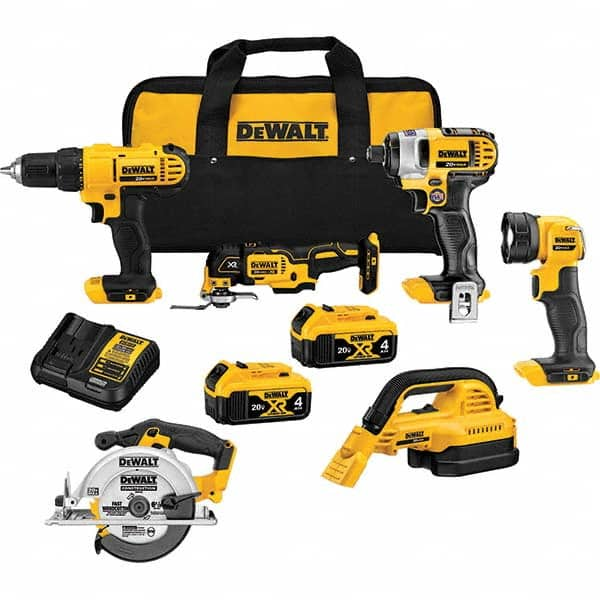 DeWALT - Cordless Tool Combination Kits Voltage: 20 Tools: 1/2" Drill/Driver; 1/4" Impact Driver; Wet-Dry Vacuum; Work Light; 6-1/2" Circular Saw; Oscillating Multi-Tool - Americas Industrial Supply