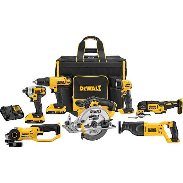 DeWALT - Cordless Tool Combination Kits Voltage: 20 Tools: 1/2" Drill/Driver; 1/4" Impact Driver; 6-1/2" Circular Saw; Work Light; Reciprocating Saw; Grinder; Blue Tooth Speaker - Americas Industrial Supply