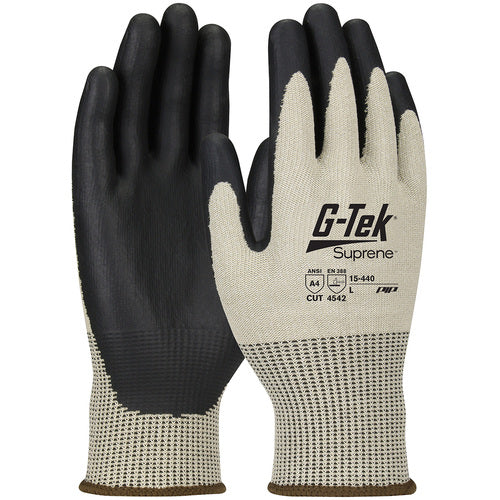 ‎15-440/M Coated Gloves w/Polykor - G-Tek Suprene - Tan 13G Nano Shell - Black Neofoam Grip - A4 - Exact Industrial Supply