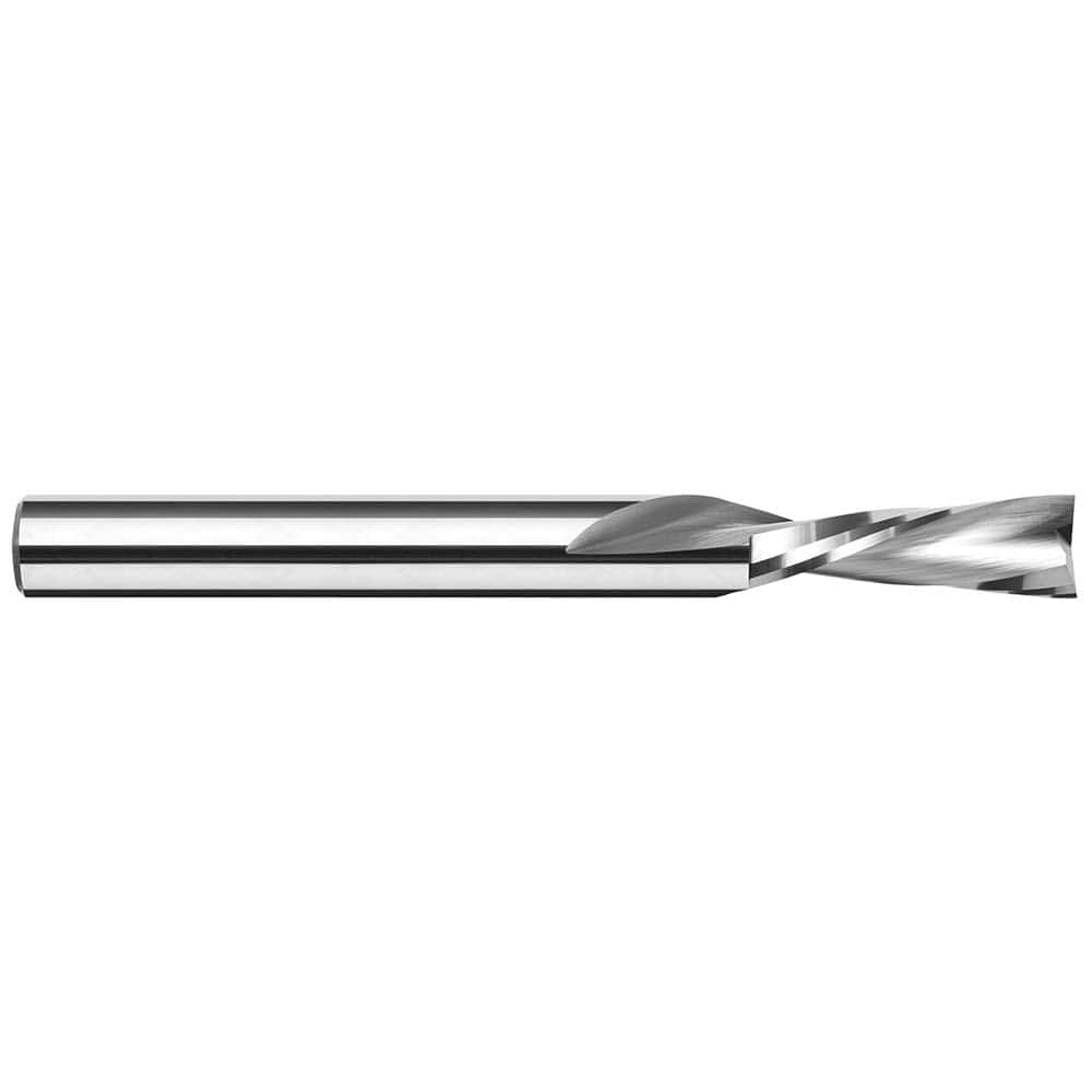 Square End Mill: 3/32'' Dia, 3/4'' LOC, 1/8'' Shank Dia, 2'' OAL, 2 Flutes, Solid Carbide Single End, Uncoated, Downcut Flute, 20 ° Helix, Centercutting, RH Cut, RH Flute