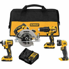 DeWALT - Cordless Tool Combination Kits Voltage: 20 Tools: Brushless 1/2" Cordless Drill/Driver; Brushless 1/4" Cordless Impact Driver; Brushless XR 7-1/4 Circular Saw; Cordless LED Work Light - Americas Industrial Supply