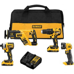 DeWALT - Cordless Tool Combination Kits Voltage: 20 Tools: Brushless 1/2" Cordless Drill/Driver; Brushless 1/4" Cordless Impact Driver; Brushless Cordless Compact Reciprocating Saw; Cordless LED Work Light - Americas Industrial Supply