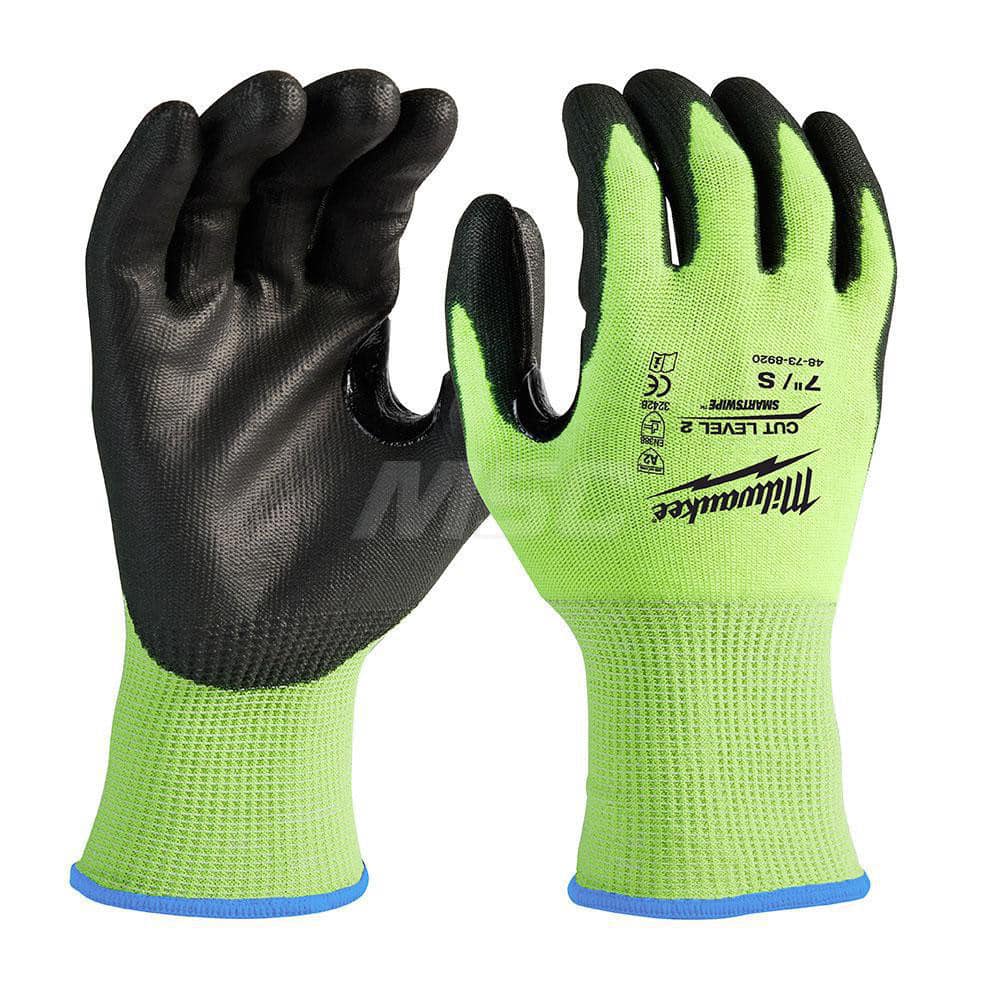 Cut, Puncture & Abrasive-Resistant Gloves: Size S, ANSI Cut A2, ANSI Puncture 0, Nitrile, Polyurethane High-Visibility Yellow, Palm & Fingers Coated, Polyester Lined, Polyurethane Back, Smooth Grip, ANSI Abrasion 0