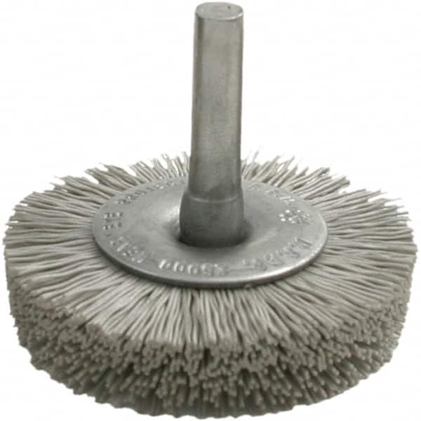 Brush Research Mfg. - 320 Grit, 3" Brush Diam, Crimped, Flared End Brush - Medium Grade, 1/4" Diam Steel Shank, 2,500 Max RPM - Americas Industrial Supply