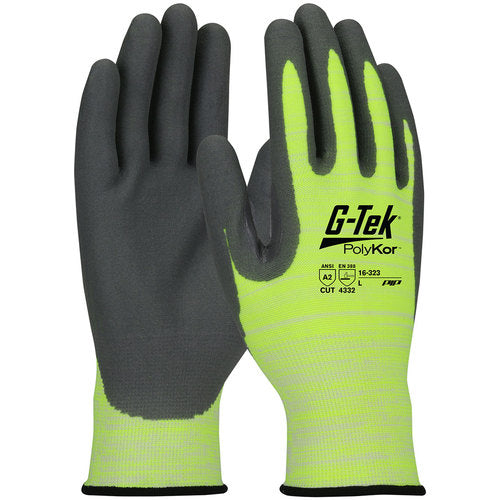 ‎16-323/XL Coated Gloves w/Polykor - G-Tek PolyKor - Hi-Vis 15G Shell - A2 Nitrile Foam - Silicone Free - Thumb+ - Exact Industrial Supply