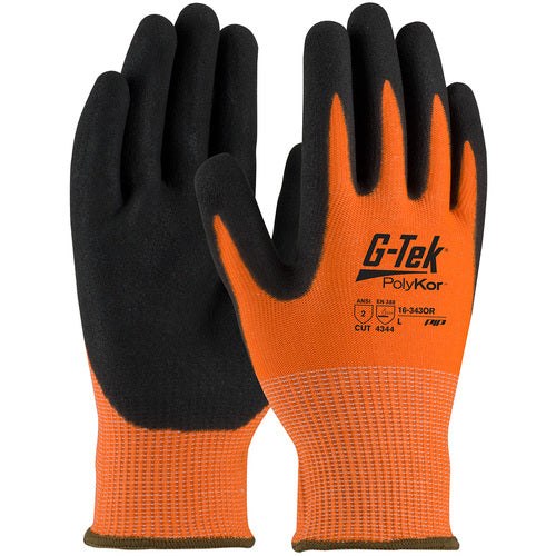 ‎16-343OR/M Coated Gloves w/Polykor - G-Tek PolyKor - HV Orange 13G Shell - DD Nitrile MicroSurface Grip - A2 - Exact Industrial Supply
