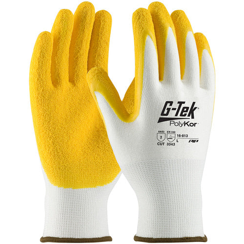 ‎16-813/XXL Coated Gloves w/Polykor - G-Tek PolyKor - White 13G Shell - Yellow Latex Coat Crinkle Grip - A2 - Exact Industrial Supply
