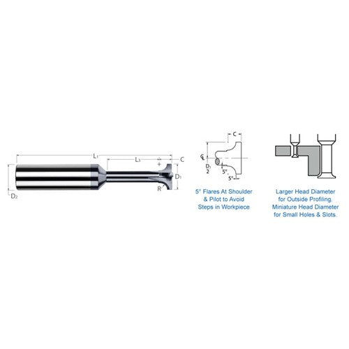 Corner Rounding End Mills - 0.0470″ (3/64″) Radius × 0.2500″ (1/4″) Head Diameter × 0.6250″ (5/8″) Neck Length Carbide 5° Flare Back Corner Rounding End Mill, 3 Flutes, AlTiN Coated