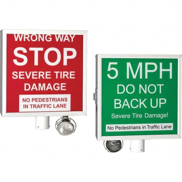 Warning & Safety Reminder Sign: Square, ″Wrong Way STOP / 5MPH″ - Metal, Post Mount, 24″ High