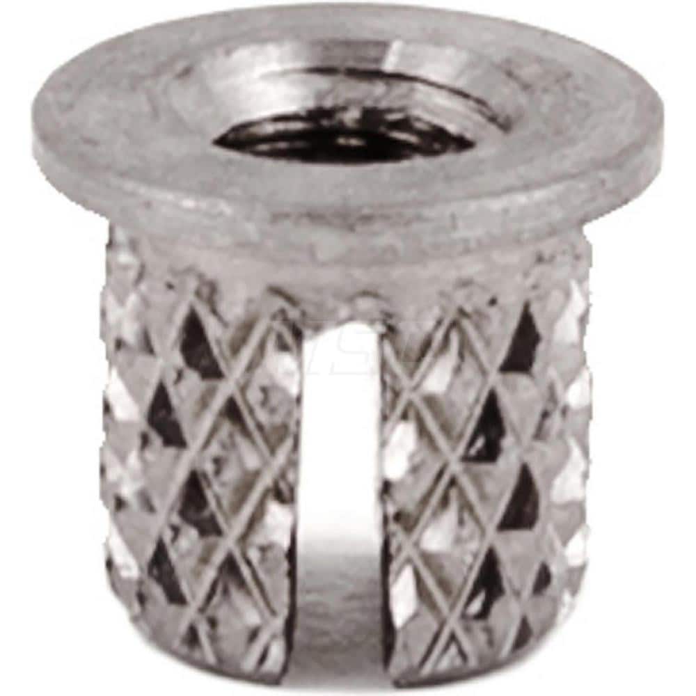Press Fit Threaded Inserts; Product Type: Flanged; Material: Stainless Steel; Drill Size: 0.2190; Finish: Uncoated; Thread Size: M4; Thread Pitch: .07; Hole Diameter (Decimal Inch): 0.2190; Insert Diameter: .230; For Use On: Plastic; Overall Length: 0.31;