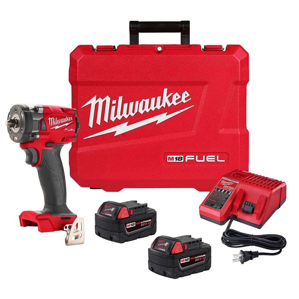 3/8″ Drive, 18.00 Volt, Straight Cordless Impact Wrench 0-2400 RPM, 210 Ft/Lb, Includes M18 FUEL ™ 3/8″ Compact Impact Wrench w/ Friction Ring (2854-20), (2) M18 REDLITHIUM ™ XC5.0 Resistant Battery Pack (48-11-1850R), M18 and M12 Multi-Voltage Charger (4